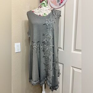 Gray Sleeveless Tunic with Lace Appliqué